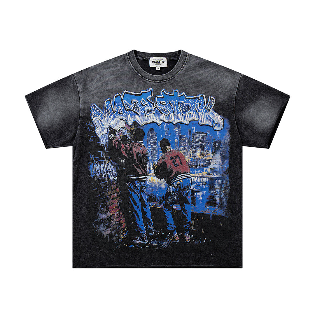 Black Washed Vintage Band Tour Double‑Sided Graphic Band‑Style T‑Shirt