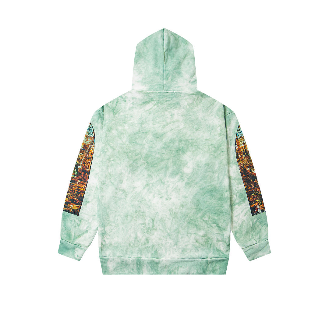 Vintage Mint Green Tie‑Dye Church Print Full‑Zip Hoodie