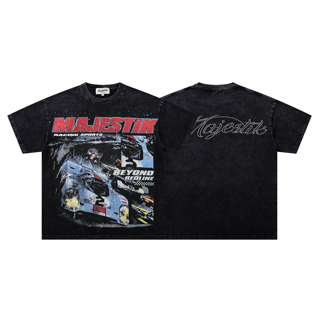 Black Washed Vintage Motorcycle Racer Double‑Sided Graphic Band‑Style T‑Shirt