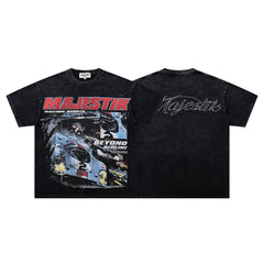 Black Washed Vintage Motorcycle Racer Double‑Sided Graphic Band‑Style T‑Shirt