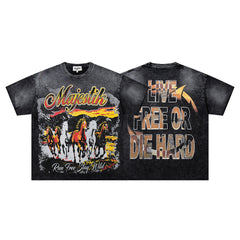 Black Washed Vintage Western Cowboy Horse Rider Double‑Sided Graphic Band‑Style T‑Shirt