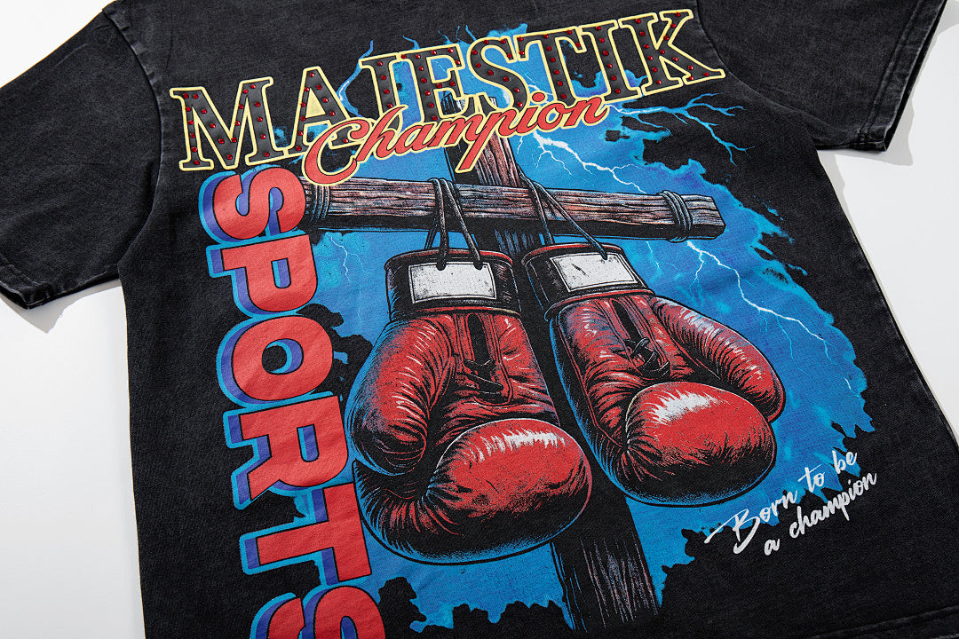 Black Washed Vintage Boxing Gloves Graphic Band‑Style T‑Shirt