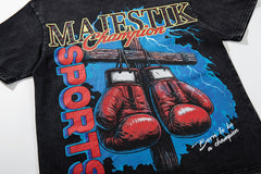 Black Washed Vintage Boxing Gloves Graphic Band‑Style T‑Shirt