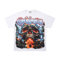 Vintage White MAJESTIC Flame Skull Graphic T‑Shirt