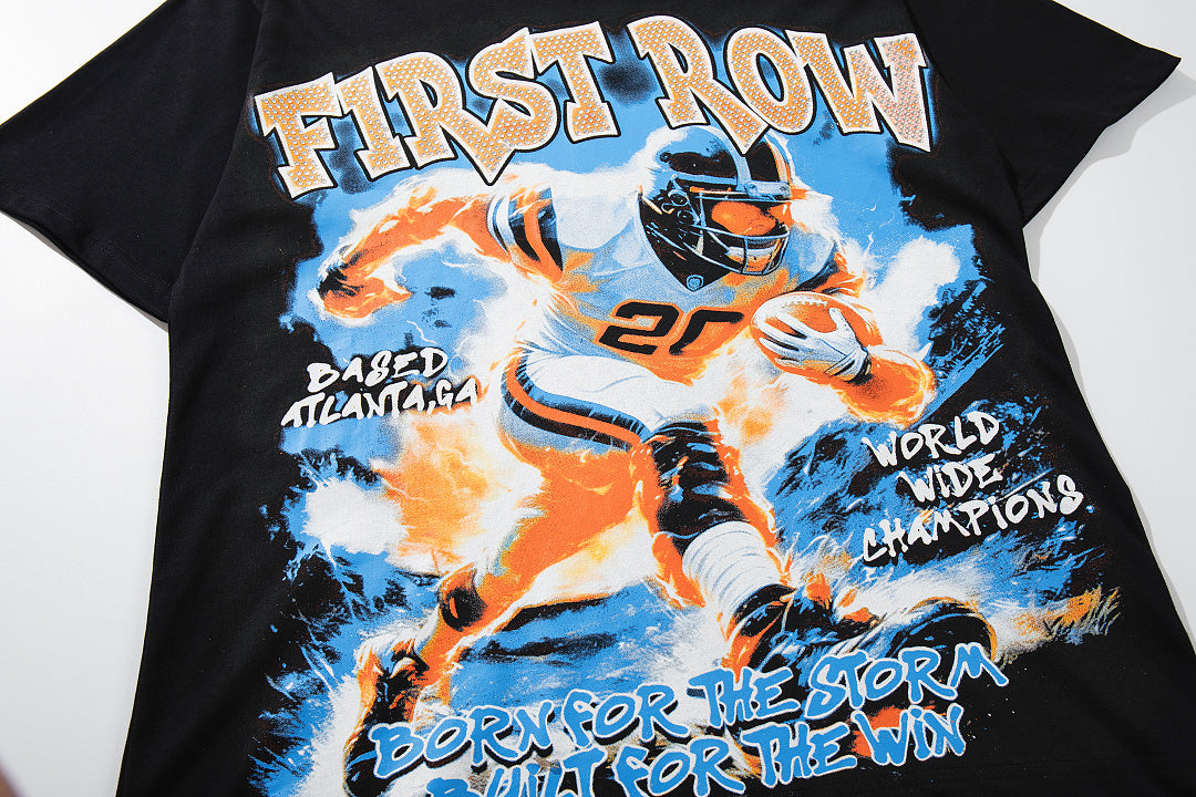 Vintage Black FIRST ROW Football Player Double‑Sided Graphic T‑Shirt