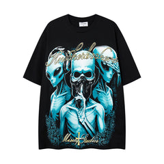 Vintage Black Alien Skull Angel Sword Double‑Sided Graphic T‑Shirt