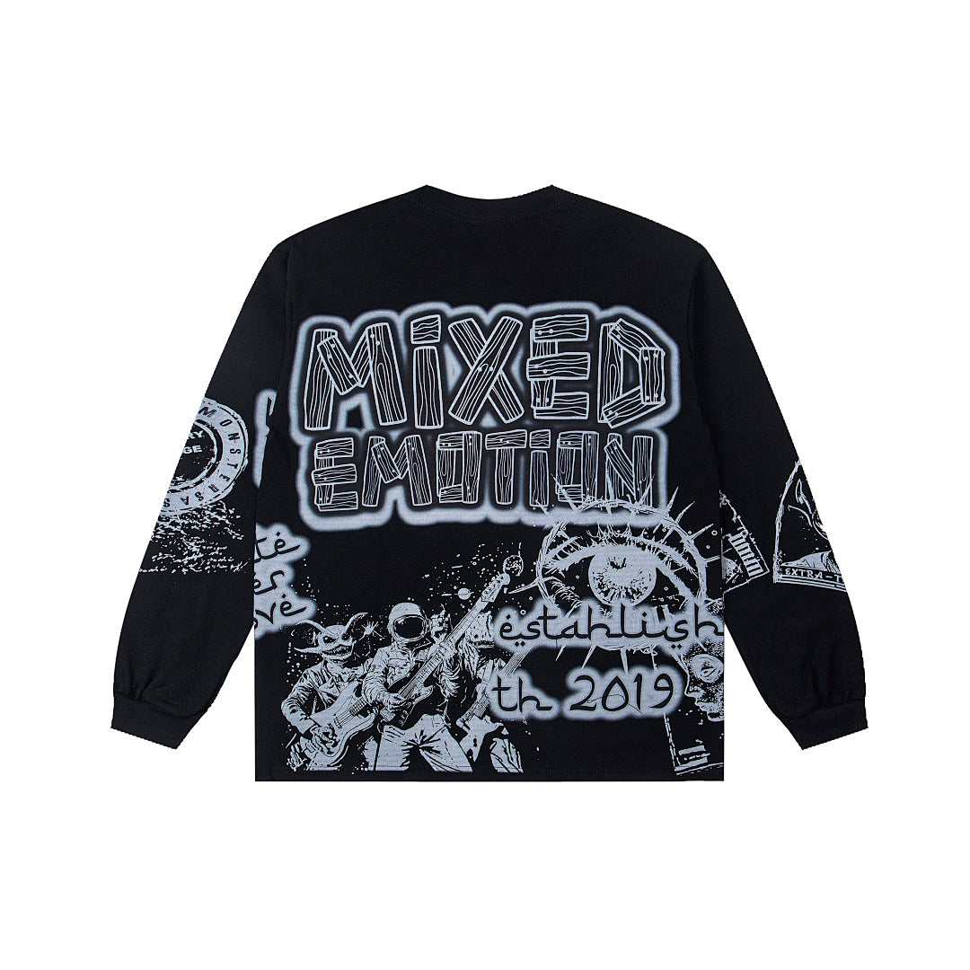 Black Gothic Skull Art Long Sleeve T‑Shirt Urban Underground Streetwear