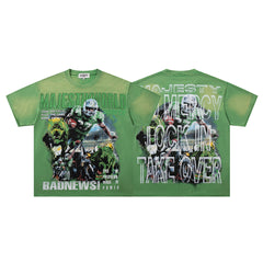 Green Washed Vintage Football Athlete Double‑Sided Graphic Band‑Style T‑Shirt