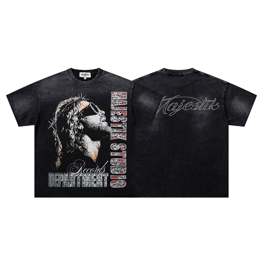 Black Washed Vintage Eagle Raptor Double‑Sided Graphic Band‑Style T‑Shirt