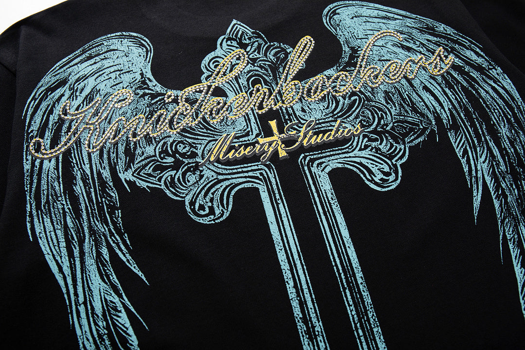 Vintage Black Alien Skull Angel Sword Double‑Sided Graphic T‑Shirt