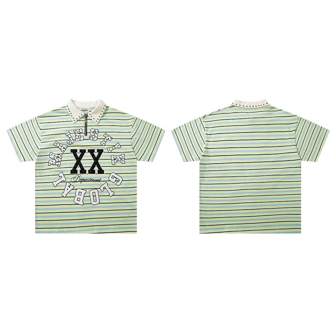 Vintage Green Stripe XX Studded Half‑Zip Polo Shirt