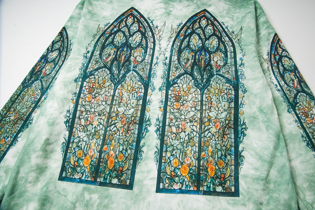 Vintage Green Tie‑Dye Stained‑Glass Church Window Zip‑Up Hoodie