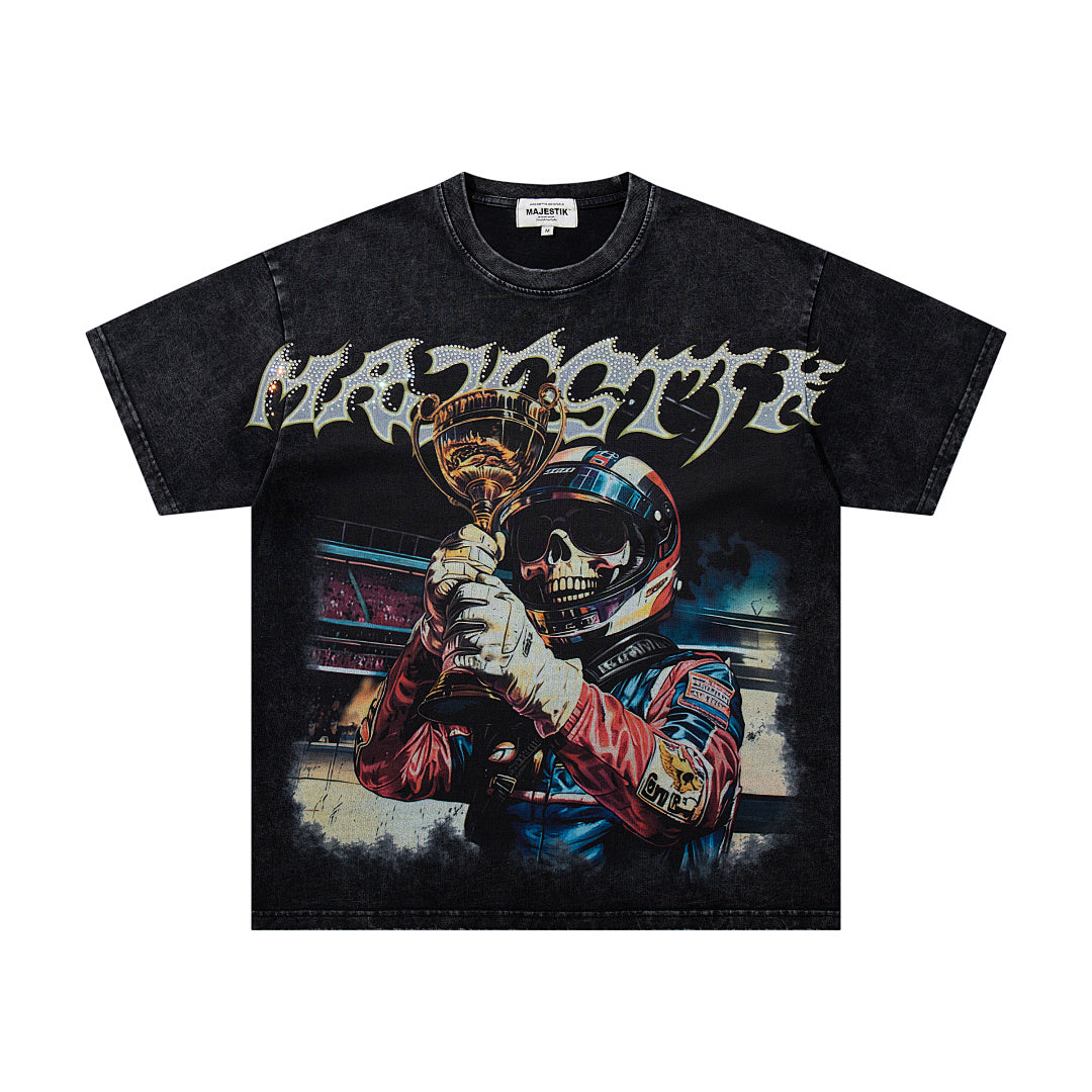 Black Washed Vintage Mask‑Figure Double‑Sided Graphic Band‑Style T‑Shirt