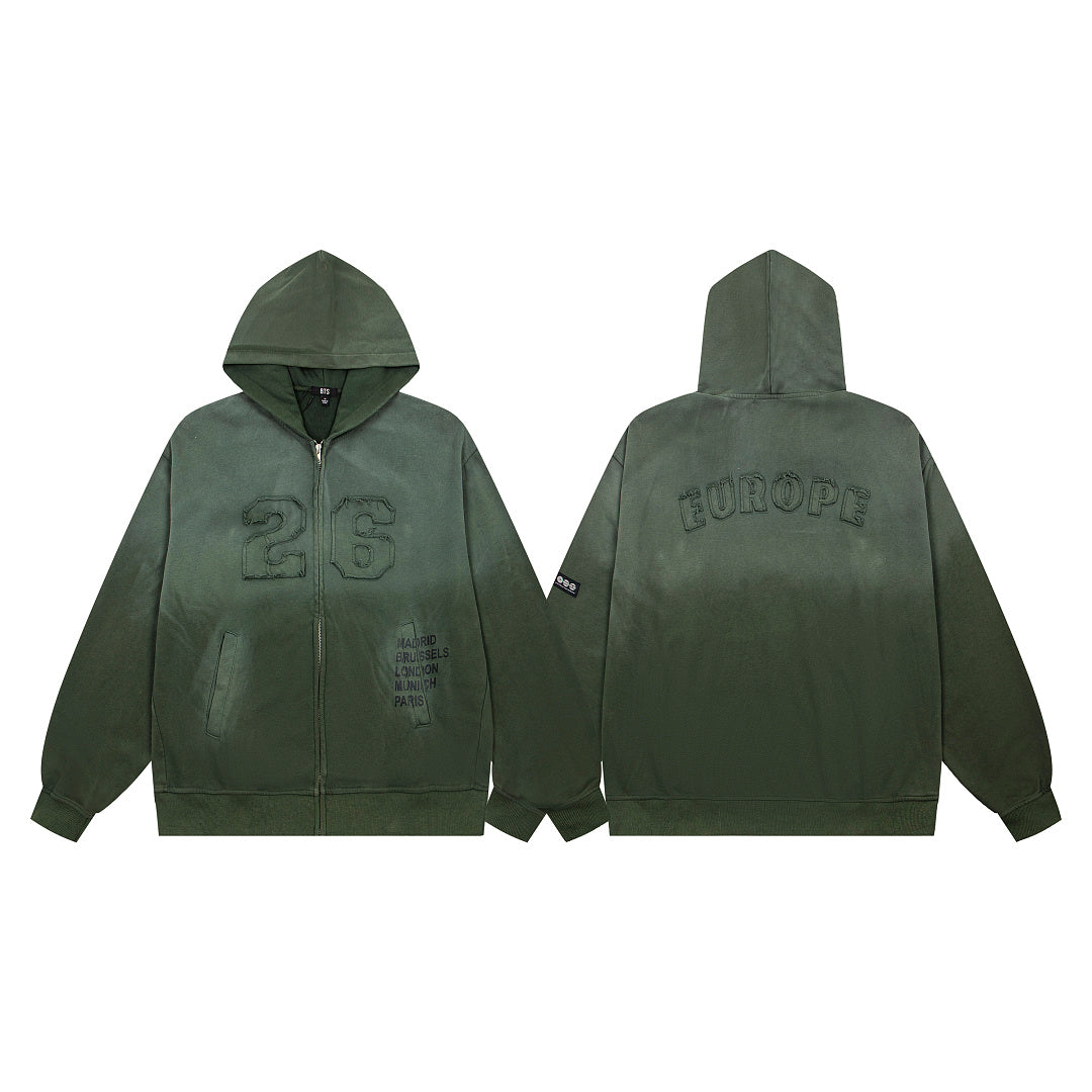 Vintage Dark Green Number 26 Embroidery Full‑Zip Hoodie