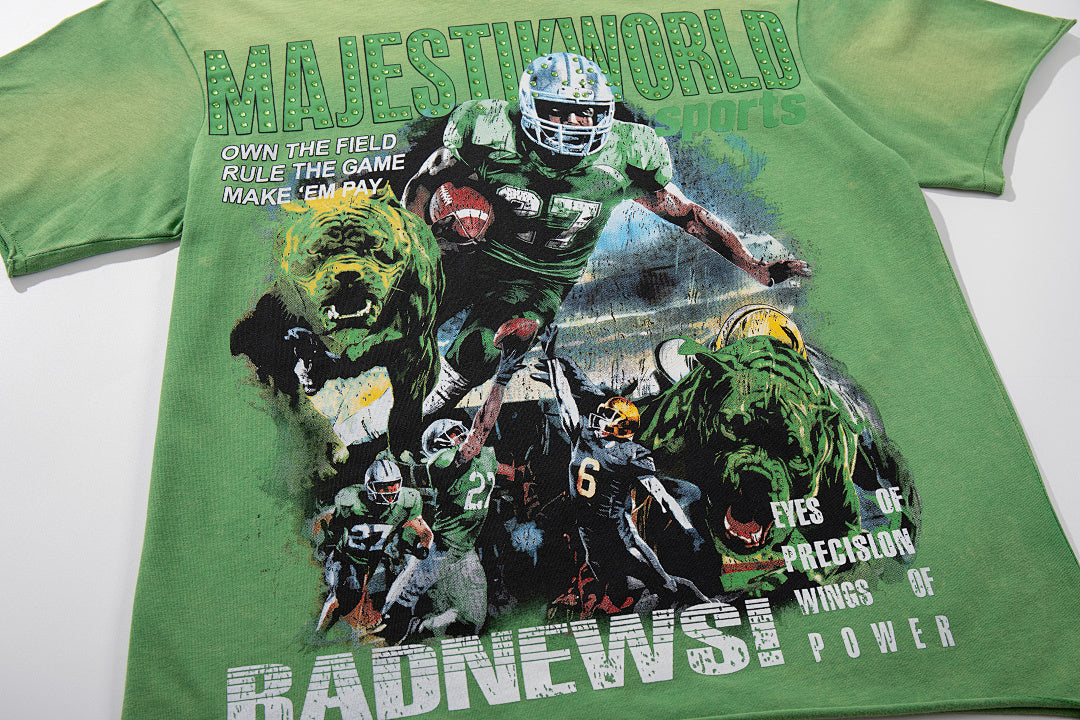Green Washed Vintage Football Athlete Double‑Sided Graphic Band‑Style T‑Shirt