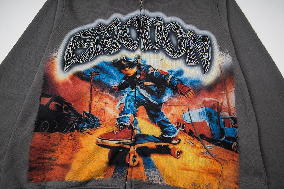 Vintage Rock Character Graphic Zip‑Up Hoodie Charcoal Grey Oversized Streetwear Sweatshirt