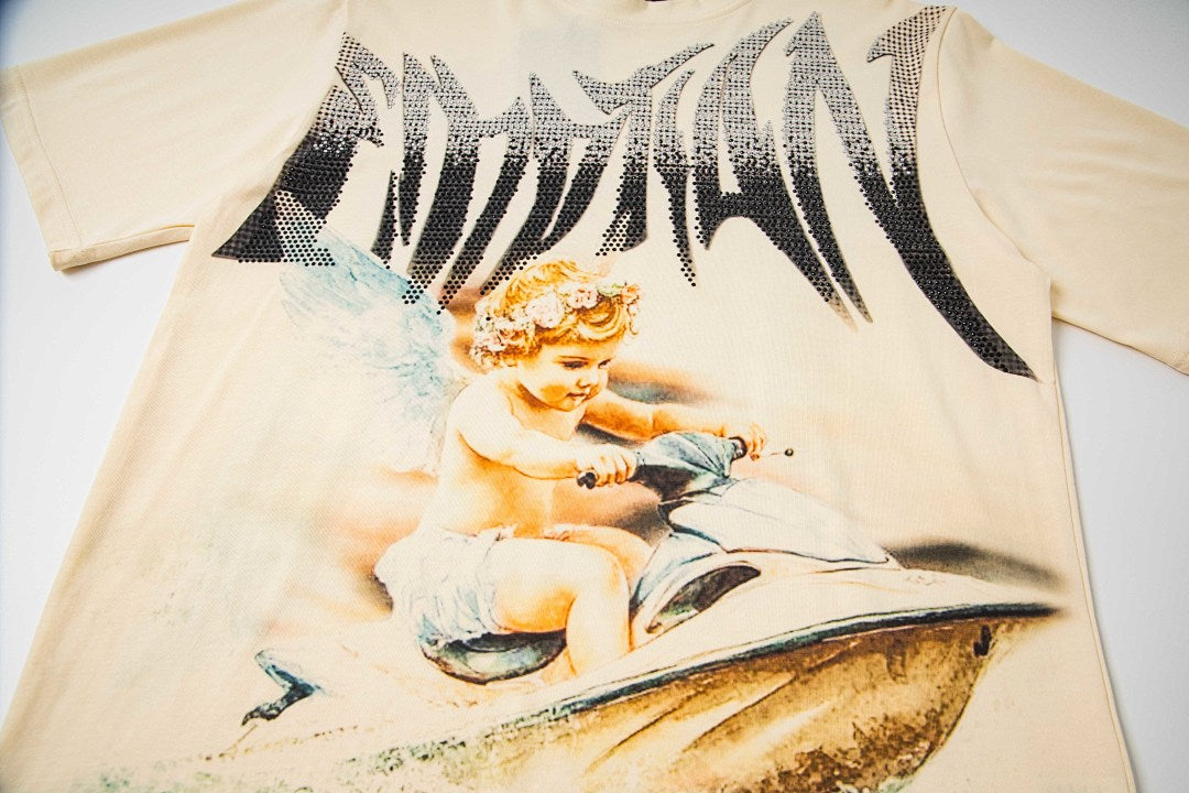 Washed Cream Vintage Sailboat Graphic Oversized Crew Neck Street T‑Shirt