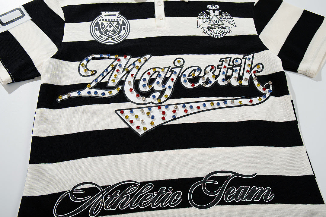 Vintage Black‑White Stripe MAJESTIC Rugby Polo Shirt