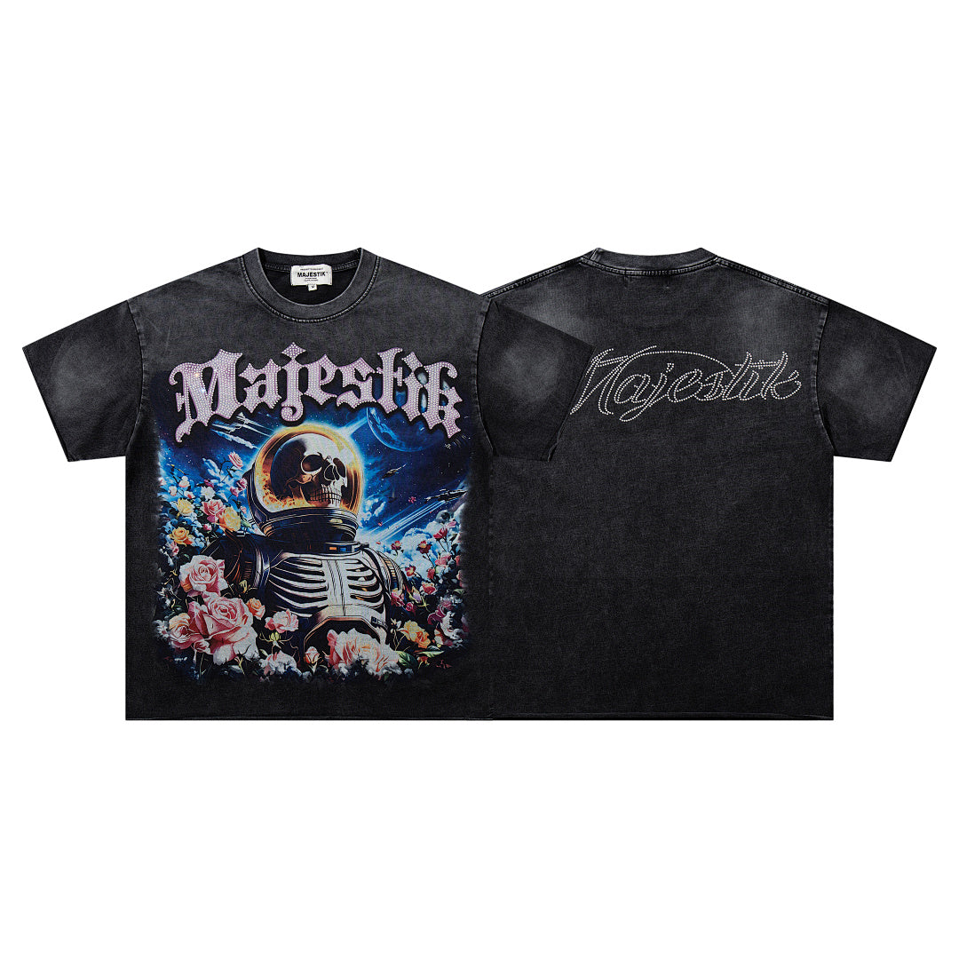 Black Washed Vintage Astronaut Floral Double‑Sided Graphic Band‑Style T‑Shirt
