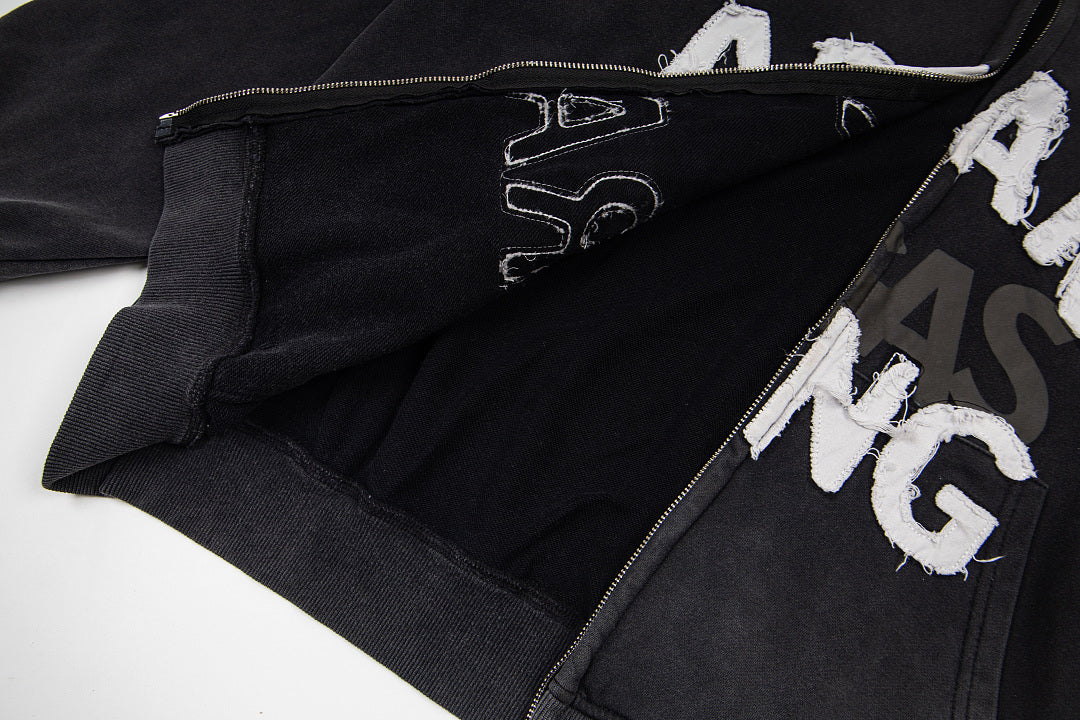 Vintage Black ARARI RANG Letter Print Full‑Zip Hoodie