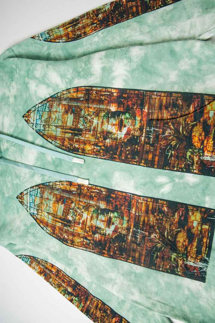 Vintage Mint Green Tie‑Dye Church Print Full‑Zip Hoodie