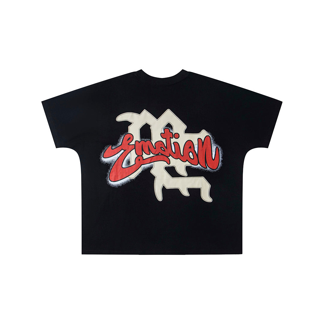 Black Vintage Angel Figure Script Graphic Oversized Crew‑Neck Street T‑Shirt
