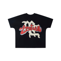 Black Vintage Angel Figure Script Graphic Oversized Crew‑Neck Street T‑Shirt