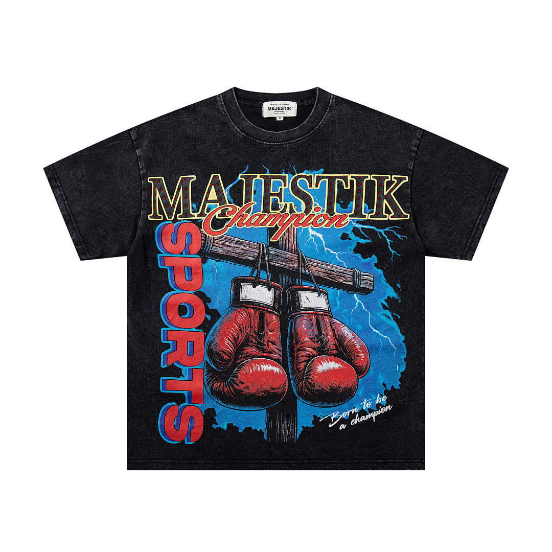 Black Washed Vintage Boxing Gloves Graphic Band‑Style T‑Shirt