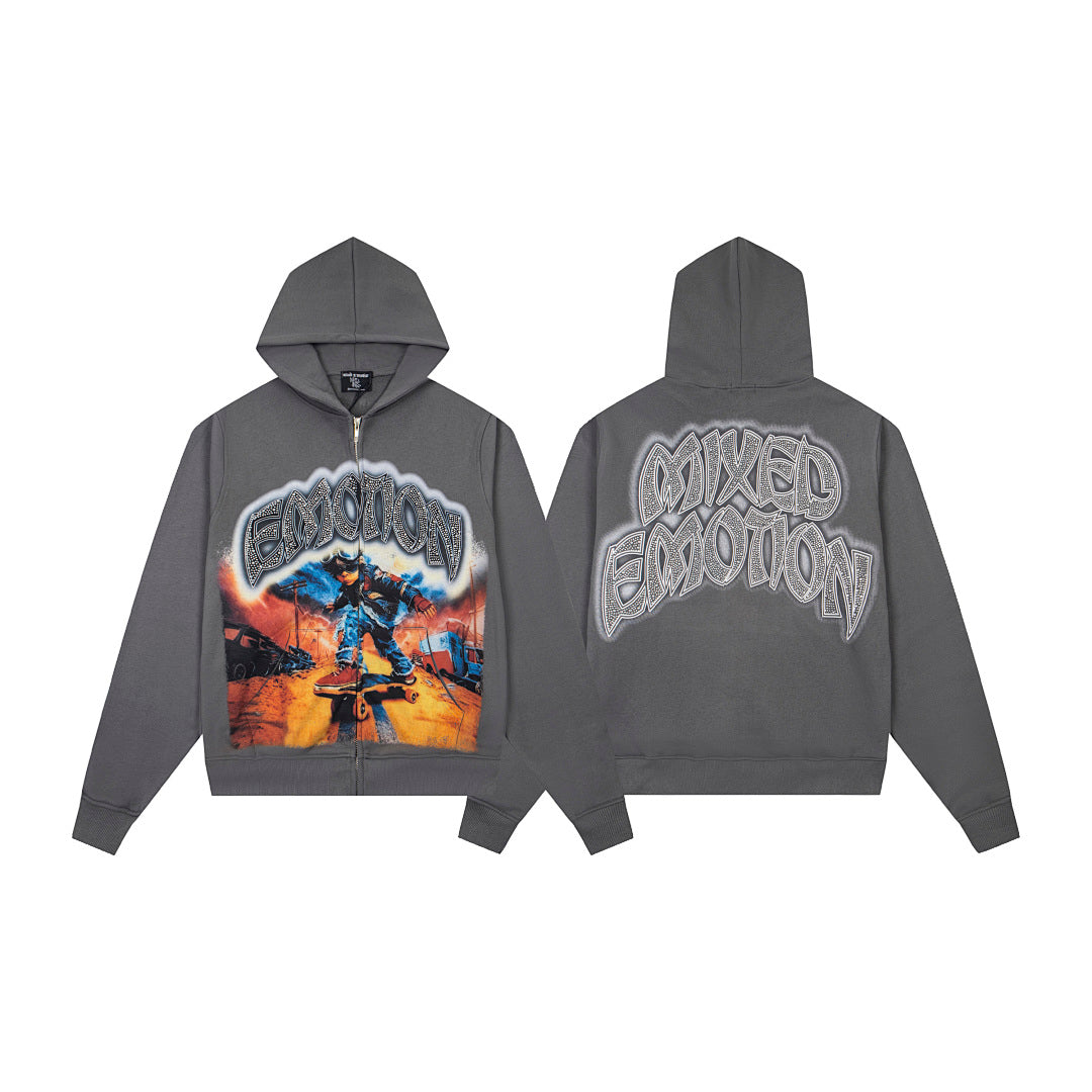 Vintage Rock Character Graphic Zip‑Up Hoodie Charcoal Grey Oversized Streetwear Sweatshirt