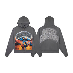 Vintage Rock Character Graphic Zip‑Up Hoodie Charcoal Grey Oversized Streetwear Sweatshirt
