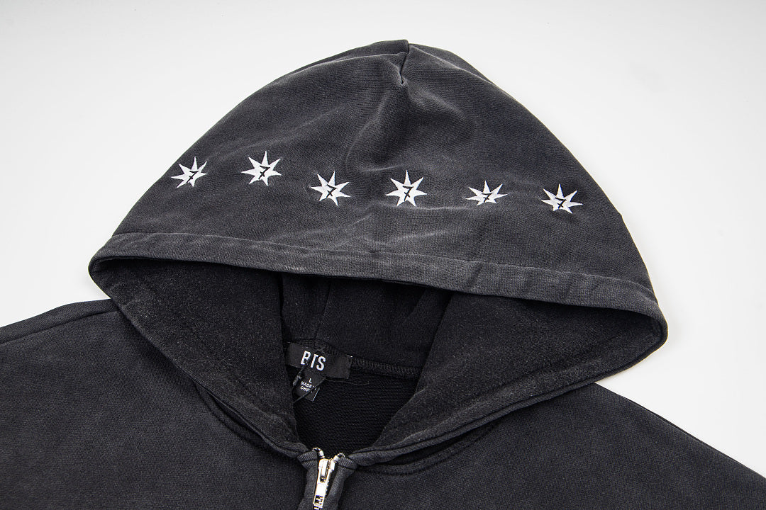 Vintage Black ARARI RANG Letter Print Full‑Zip Hoodie
