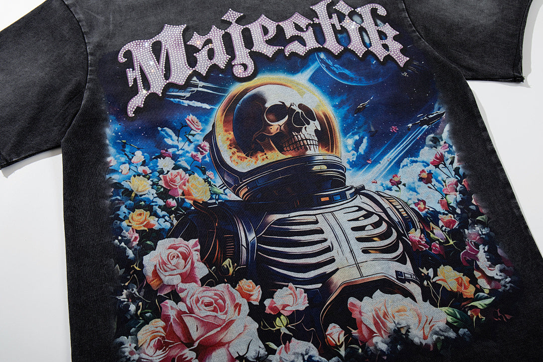 Black Washed Vintage Astronaut Floral Double‑Sided Graphic Band‑Style T‑Shirt