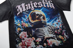 Black Washed Vintage Astronaut Floral Double‑Sided Graphic Band‑Style T‑Shirt