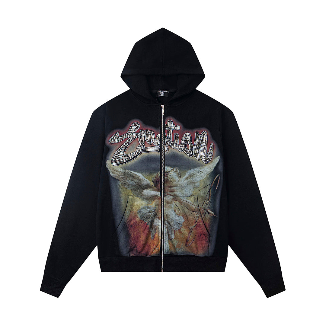 Black Vintage Rock Graphic Zip‑Up Oversized Hoodie Gothic Streetwear Sweatshirt