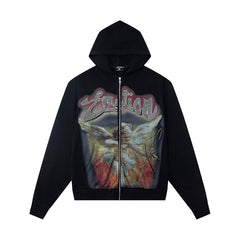 Black Vintage Rock Graphic Zip‑Up Oversized Hoodie Gothic Streetwear Sweatshirt
