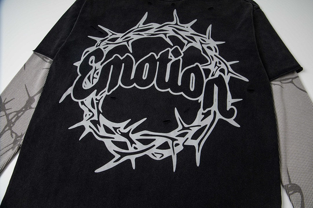 Thorn Letter Graphic Fake Two‑Piece Long Sleeve T‑Shirt Streetwear Top