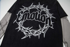 Thorn Letter Graphic Fake Two‑Piece Long Sleeve T‑Shirt Streetwear Top