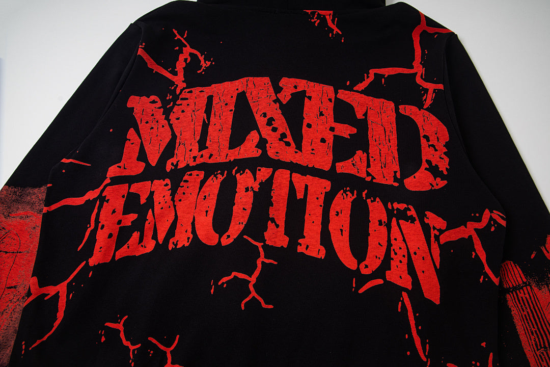 Black Vintage Red Gothic Graphic Zip‑Up Oversized Hoodie Gothic Streetwear Sweatshirt