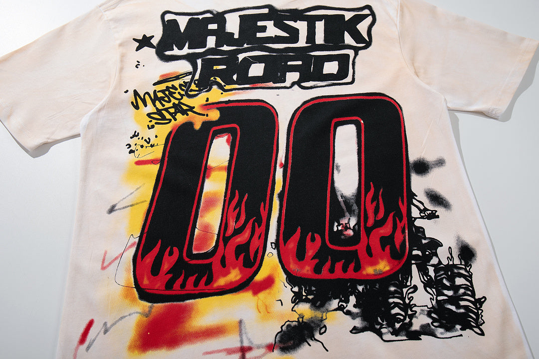 Vintage White Racing "00" Flame Graphic T‑Shirt