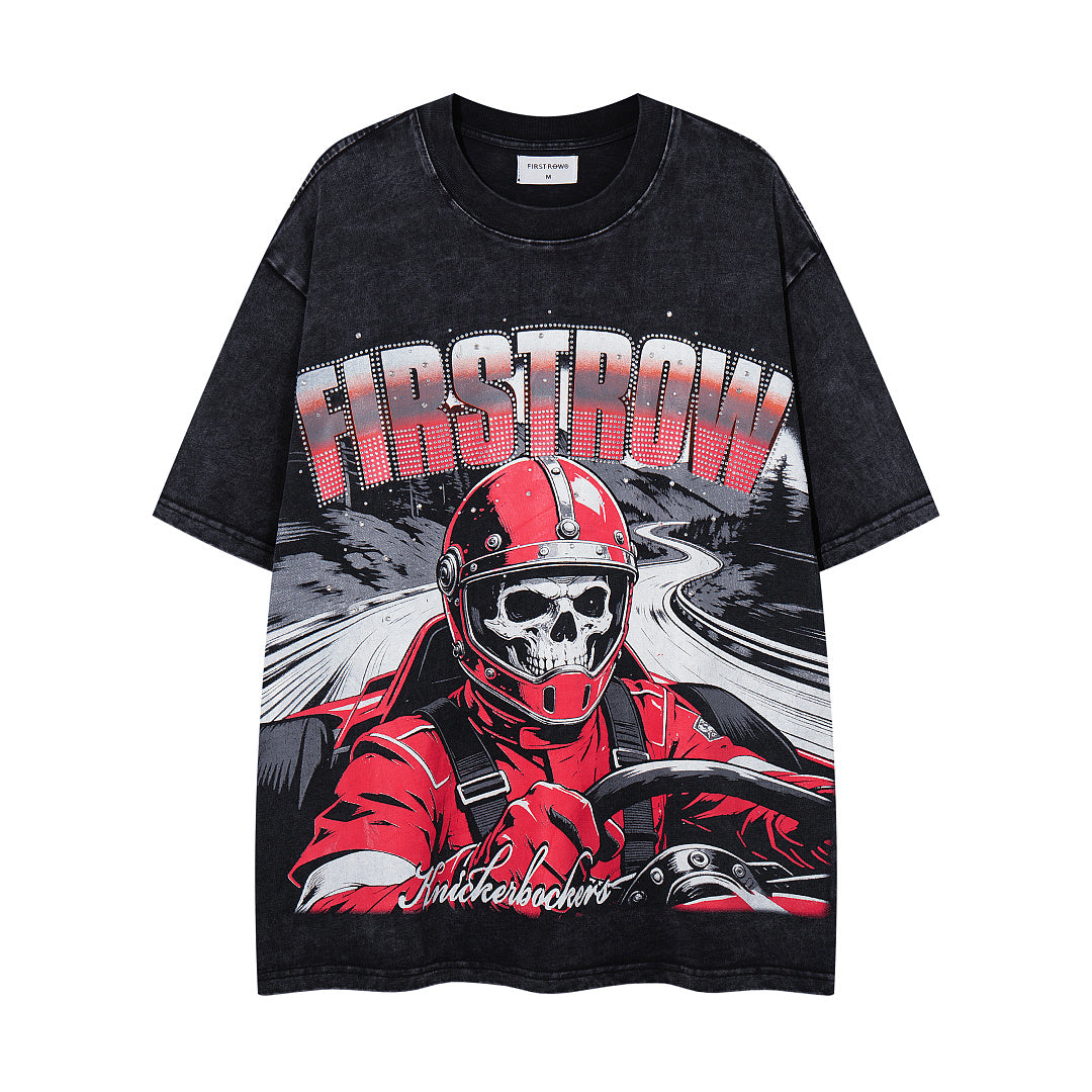 Vintage Black FIRST ROW Skull Racer Graphic T‑Shirt