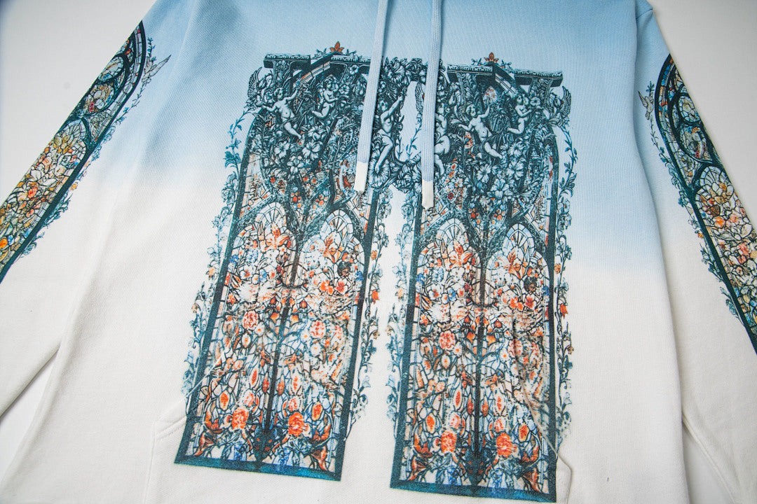 Vintage Blue‑White Gradient Church Stained‑Glass Tapestry Full‑Zip Hoodie