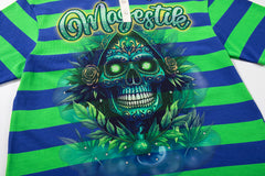 Green Blue Stripe Monster Graphic Vintage Polo Shirt