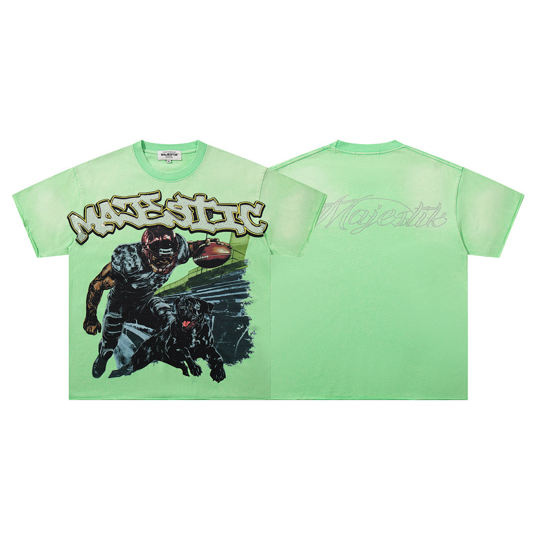 Light Green Washed Vintage Football Player Double‑Sided Graphic Band‑Style T‑Shirt