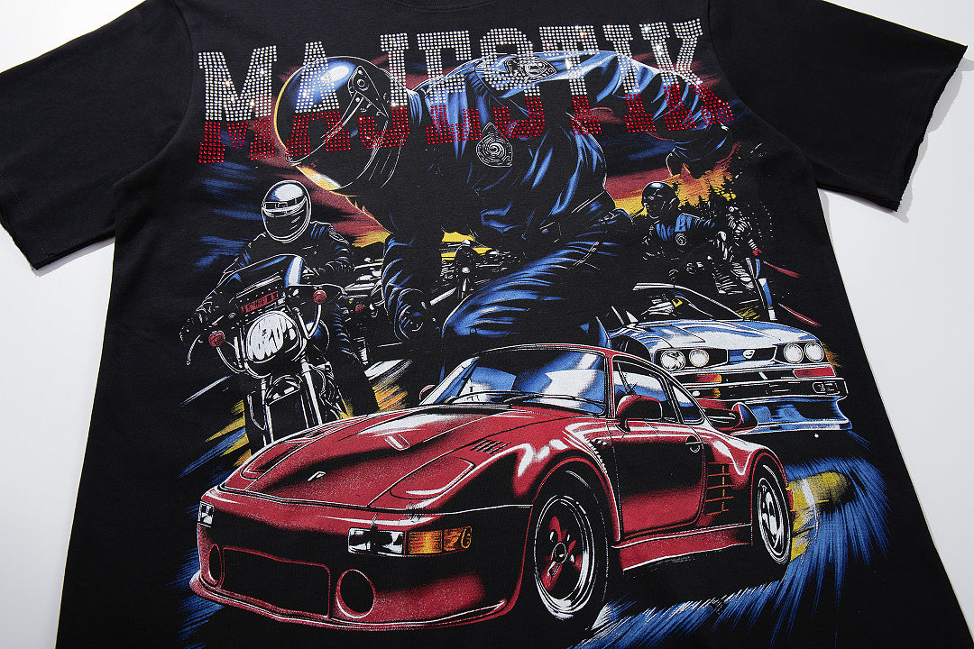 Vintage Black MAJESTIC Racing Car Graphic T‑Shirt