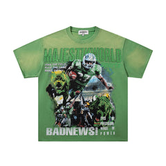 Green Washed Vintage Football Athlete Double‑Sided Graphic Band‑Style T‑Shirt