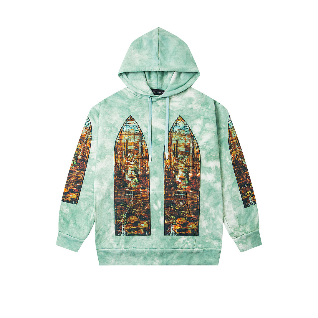 Vintage Mint Green Tie‑Dye Church Print Full‑Zip Hoodie