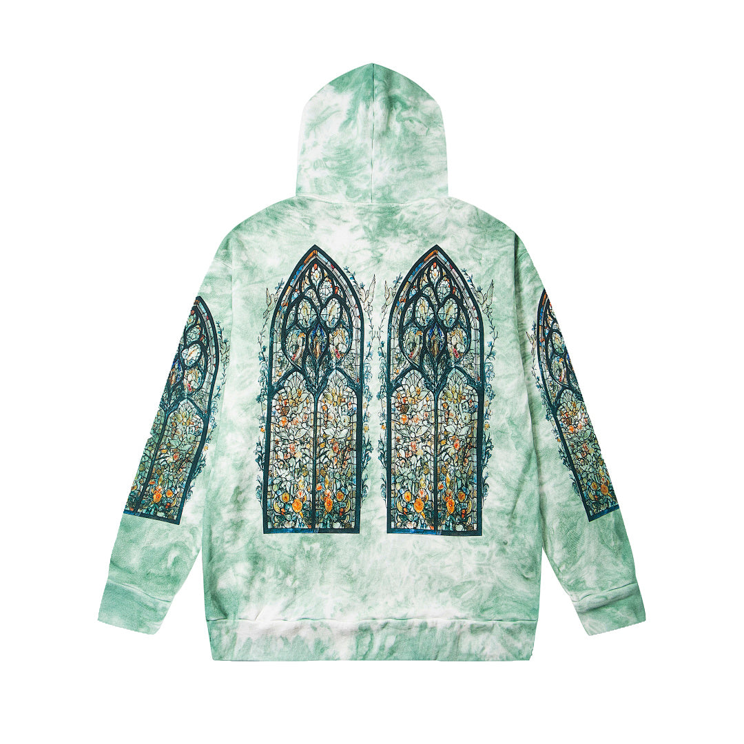 Vintage Green Tie‑Dye Stained‑Glass Church Window Zip‑Up Hoodie