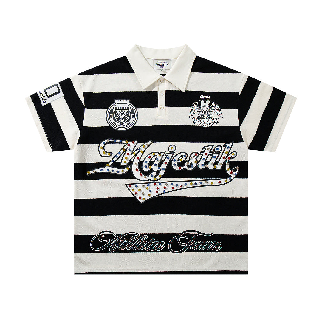 Vintage Black‑White Stripe MAJESTIC Rugby Polo Shirt