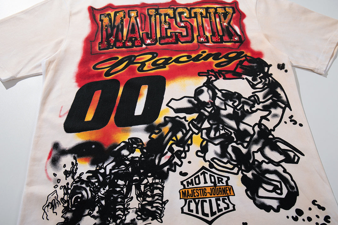 Vintage White Racing "00" Flame Graphic T‑Shirt