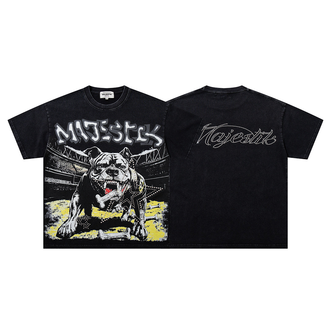 Black Washed Vintage Roaring Tiger Double‑Sided Graphic Band‑Style T‑Shirt